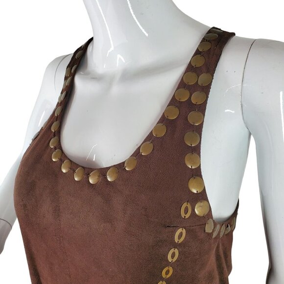 Retro Metal Embellished T Back Tunic Top Brown Microfiber Lee and Joe Womens Med - Picture 3 of 14